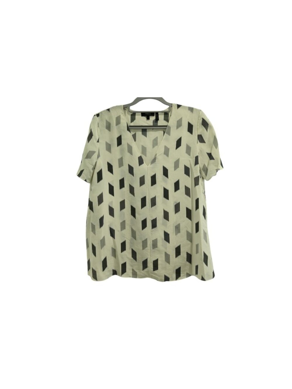 Theory Silk Brush Print Blouse Short Sleeve A Line Top Sz P White Gray Office